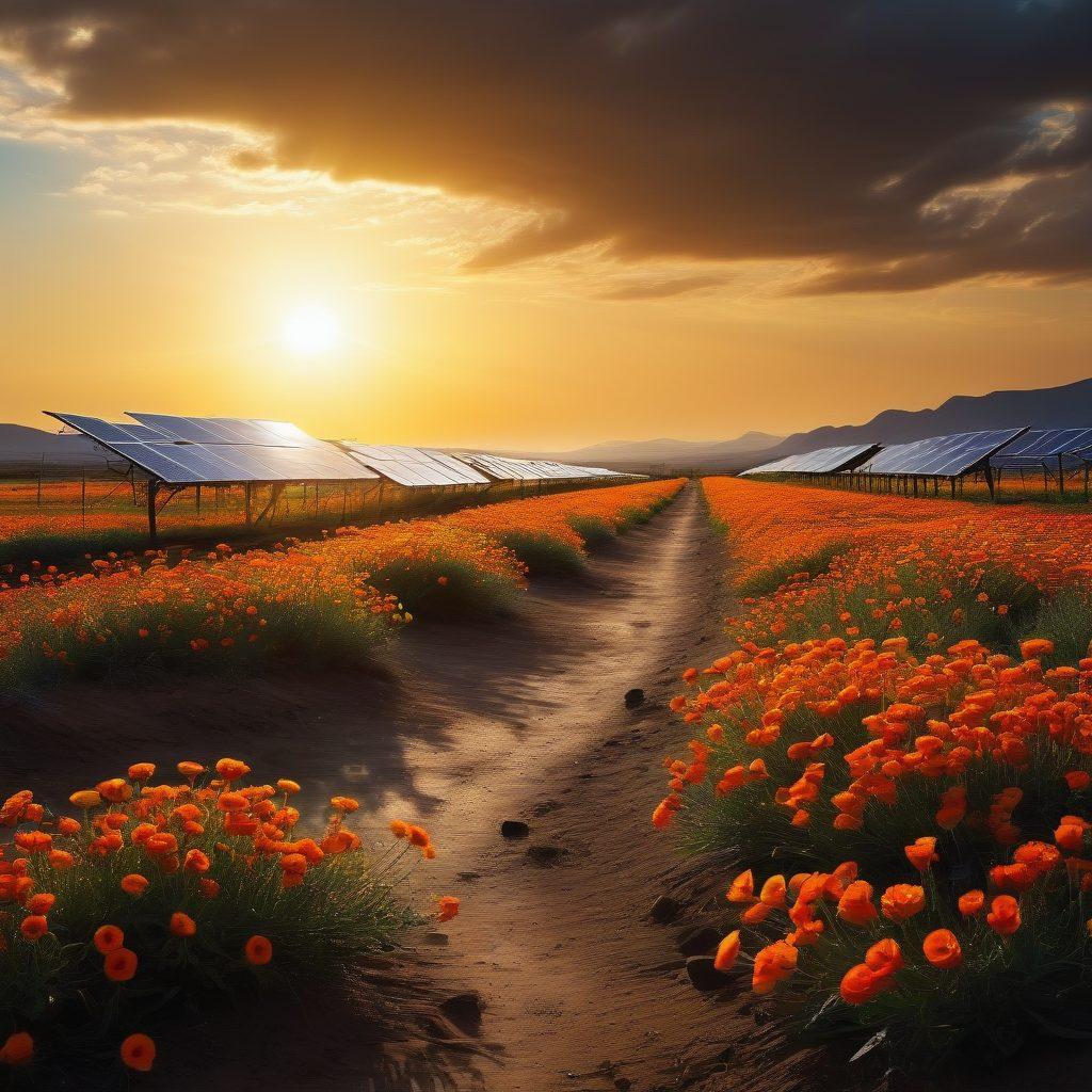 A transition scene depicting a dark, gloomy landscape on one side transforming into a bright, radiant environment on the other. In the center, a large solar panel absorbs sunlight, casting a warm glow that brightens the surrounding area, filled with vibrant flowers and smiling faces. Include subtle shadows of frowning figures on the gloomy side gradually turning into silhouettes of joy on the sunny side, representing the theme of transformation from sadness to happiness through solar energy. vibrant colors. super-realistic.