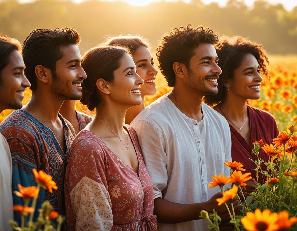A diverse group of people from the Surya Community, standing together in a sunlit field, each radiating warmth and joy despite their past sadness. The background features a radiant sunrise symbolizing hope and transformation, with vibrant flowers blooming around them. Their expressions reflect a journey of healing and connection, embodying unity and positivity. Super-realistic. Vibrant colors. Soft focus.