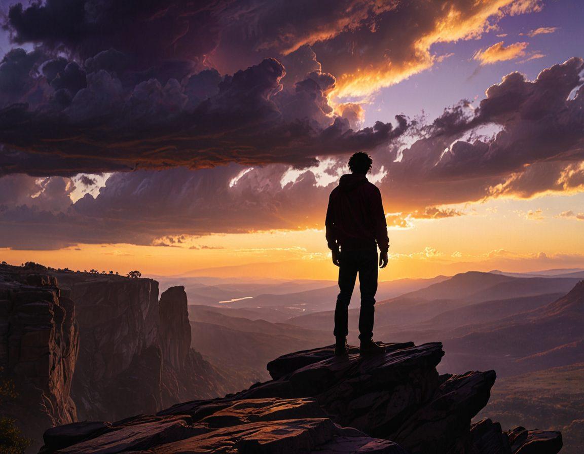 A serene silhouette of a person standing on a cliff during sunset, rays of sunlight breaking through dark clouds, symbolizing the journey from sadness to hope. Ethereal shadows cast on the rocky landscape, with vivid hues of orange and purple in the sky. A gentle breeze depicted by flowing hair and clothing, hinting at resilience. super-realistic. vibrant colors. dreamy atmosphere.